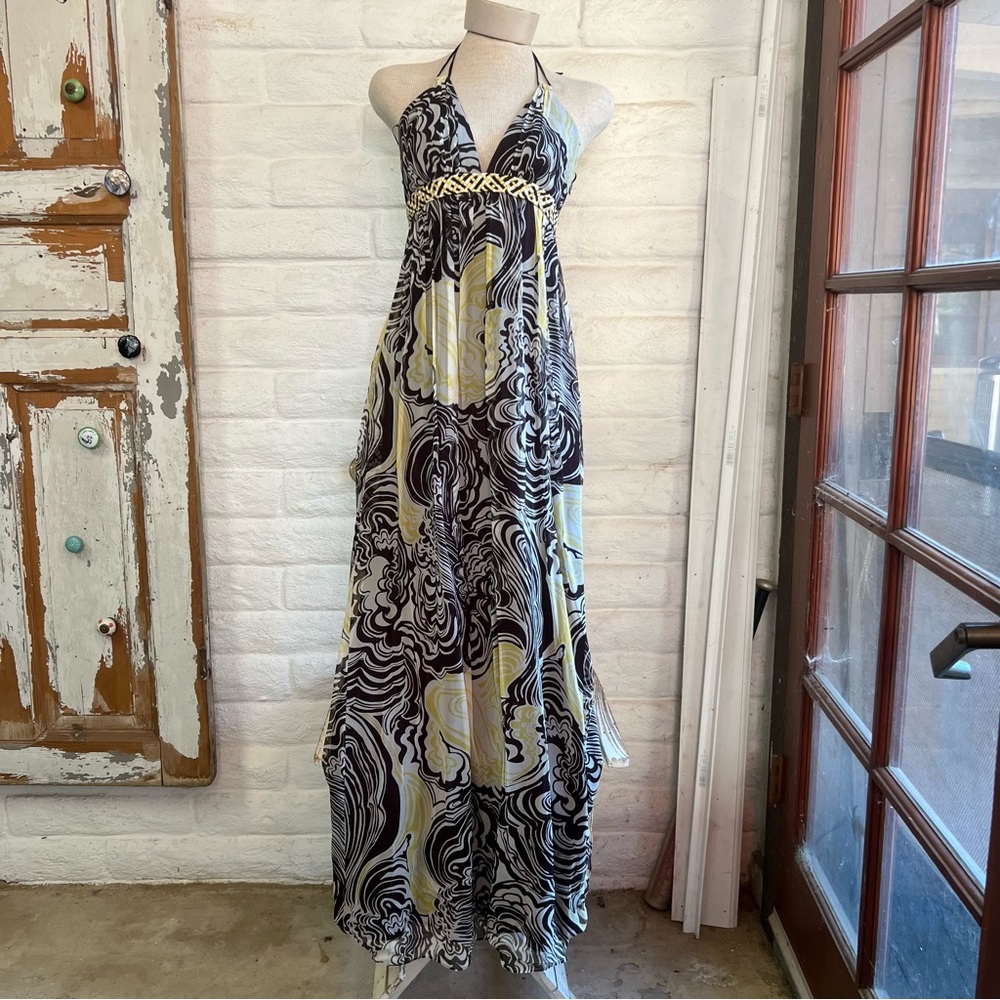 Vneck organza overlay halter maxi dress
